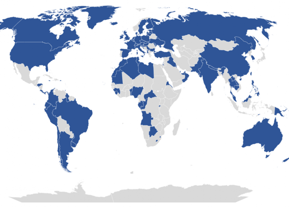Map of the world showing countries with differentiated coding in place